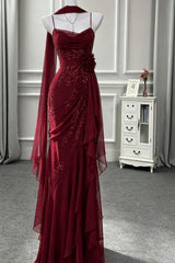 Wine Red Chiffon Spaghetti Straps Mermaid Party Dress,Wine Red Ruffled Chiffon Party Prom Dress with Scarf