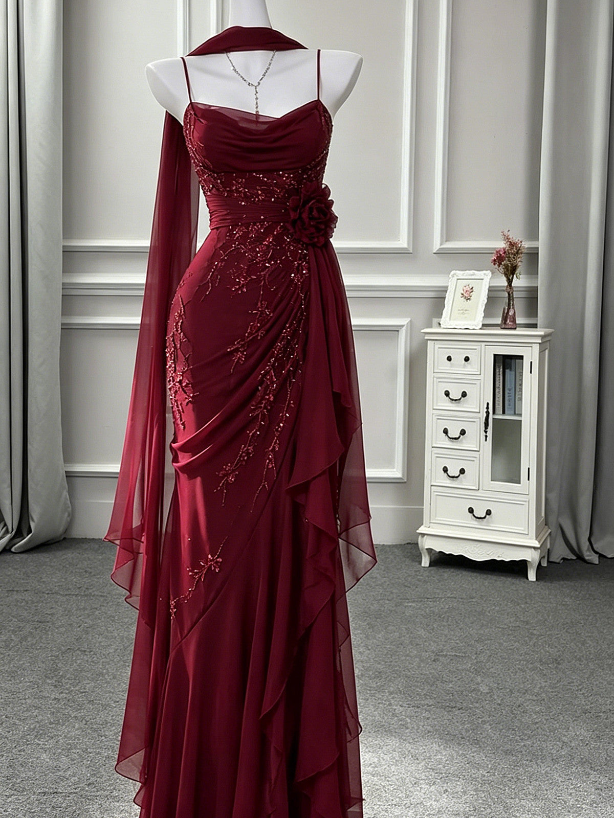 Wine Red Chiffon Spaghetti Straps Mermaid Party Dress,Wine Red Ruffled Chiffon Party Prom Dress with Scarf