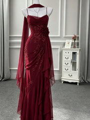 Wine Red Chiffon Spaghetti Straps Mermaid Party Dress,Wine Red Ruffled Chiffon Party Prom Dress with Scarf