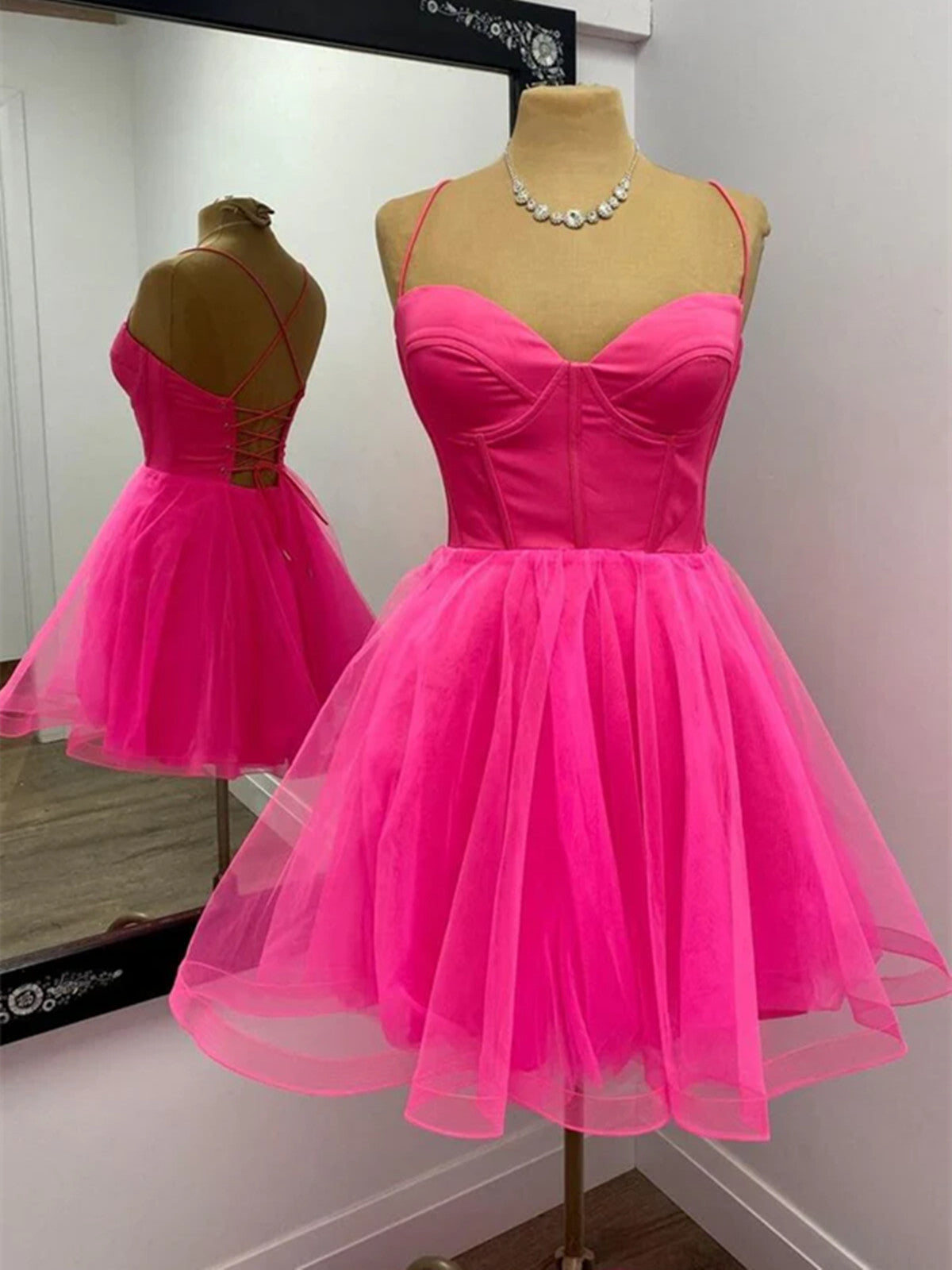 Hot Pink Corset Tulle Homecoming Dresses, Spaghetti Straps Lace-up Back Cocktail Party Dress
