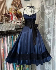 Gothic Navy Blue Satin Straps Homecoming Dress, Blue Short Prom Dress with Lace 