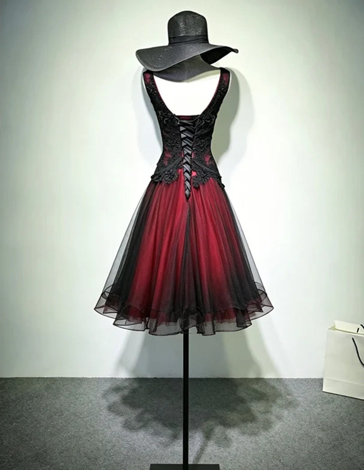 Black and Red Beaded V-neckline Homecoming Dress, Gothic Short Party Dress Evening Dress