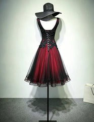 Black and Red Beaded V-neckline Homecoming Dress, Gothic Short Party Dress Evening Dress