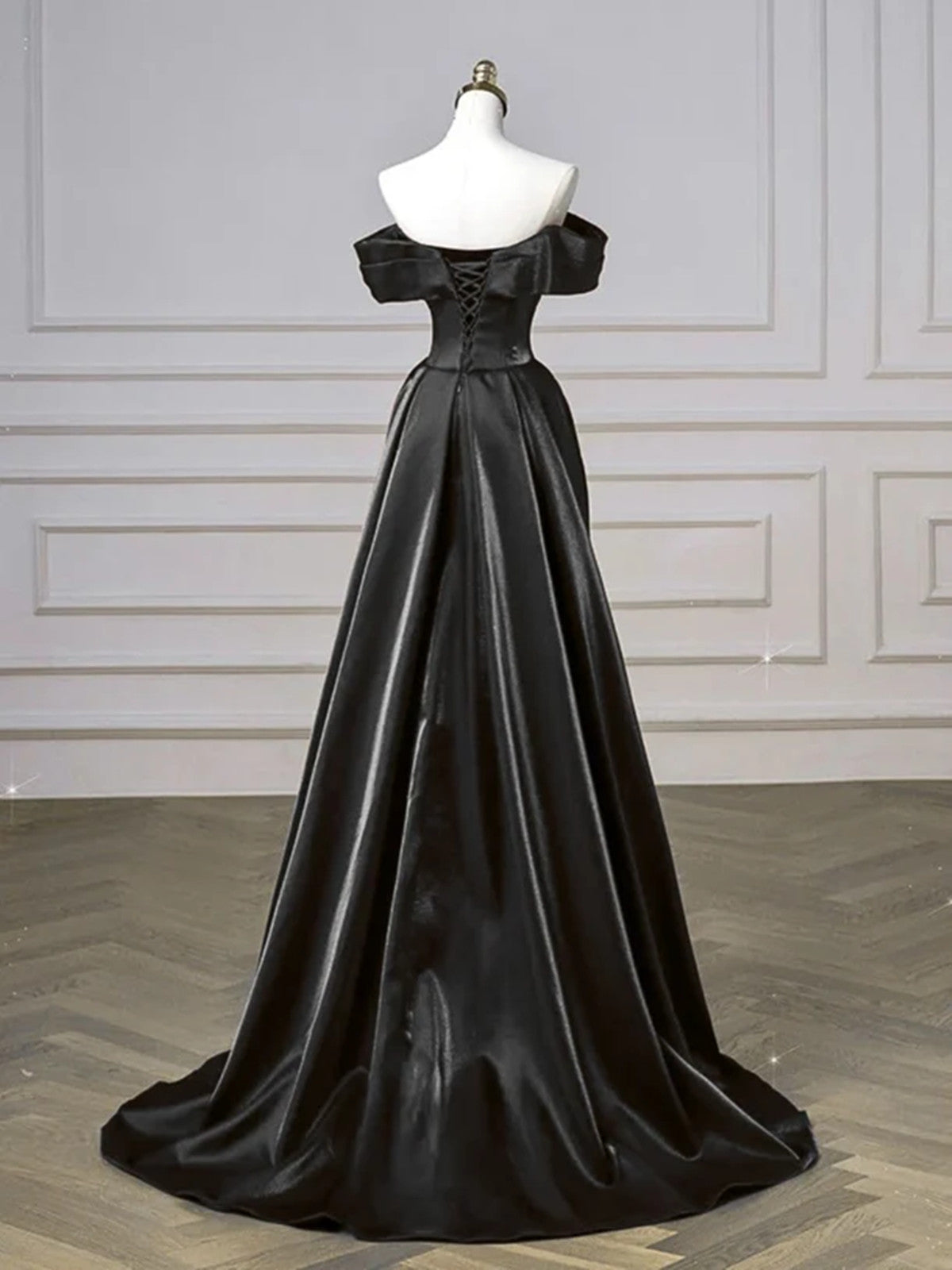 Black Off Shoulder Satin Long Party Dress, Black A-line Sweetheart Evening Dress Prom Dress