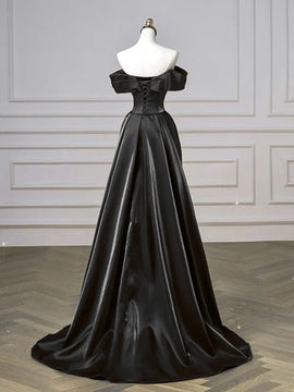 Black Off Shoulder Satin Long Party Dress, Black A-line Sweetheart Evening Dress Prom Dress