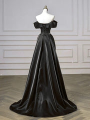 Black Off Shoulder Satin Long Party Dress, Black A-line Sweetheart Evening Dress Prom Dress
