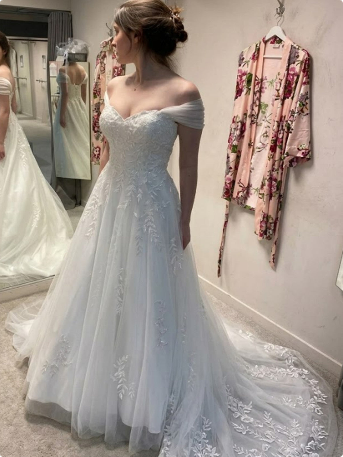Off Shoulder A-line Lace Tulle with Lace Applique Prom Dress, White Wedding Party Dress