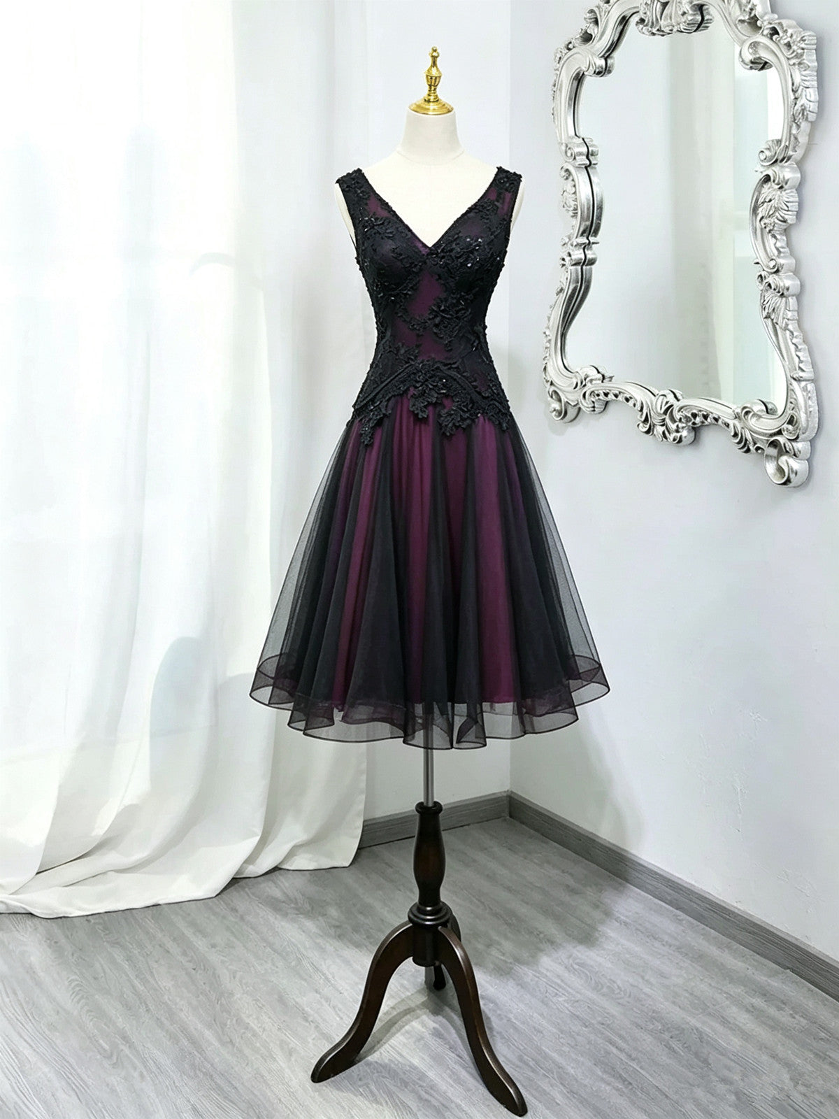 Black And Purple Beaded V-Neckline Homecoming Dress, Gothic Short Party Dress Prom Dress