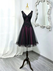 Black And Purple Beaded V-Neckline Homecoming Dress, Gothic Short Party Dress Prom Dress