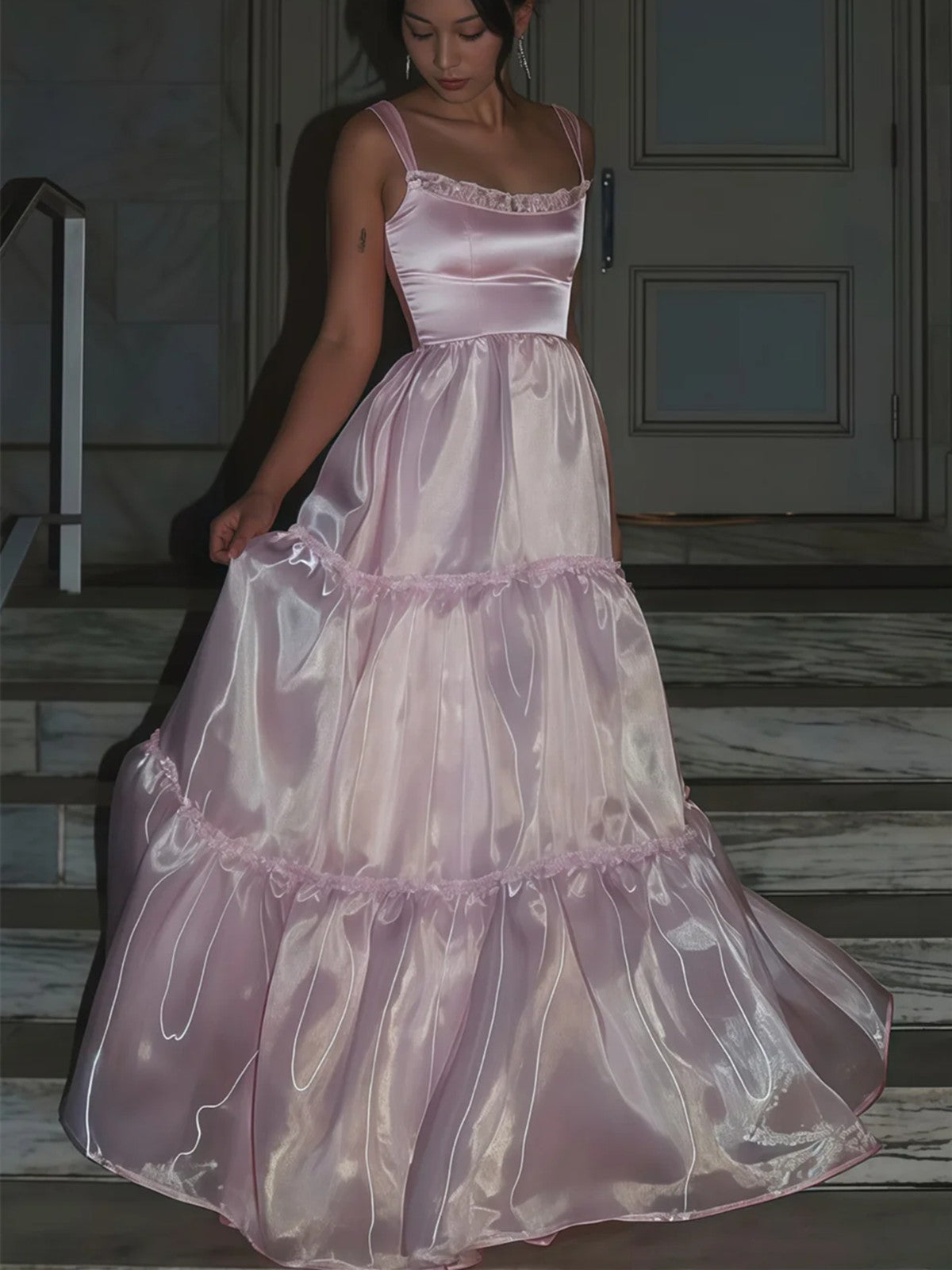 Pink Organza Straps Long Party Dress Prom Dress, Lovely Pink Floor Length Evening Dress