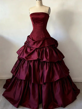Wine Red Strapless Satin Layers Long Party Dress, Wine Red Satin Formal Dress Evening Dress