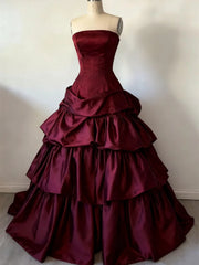 Wine Red Strapless Satin Layers Long Party Dress, Wine Red Satin Formal Dress Evening Dress