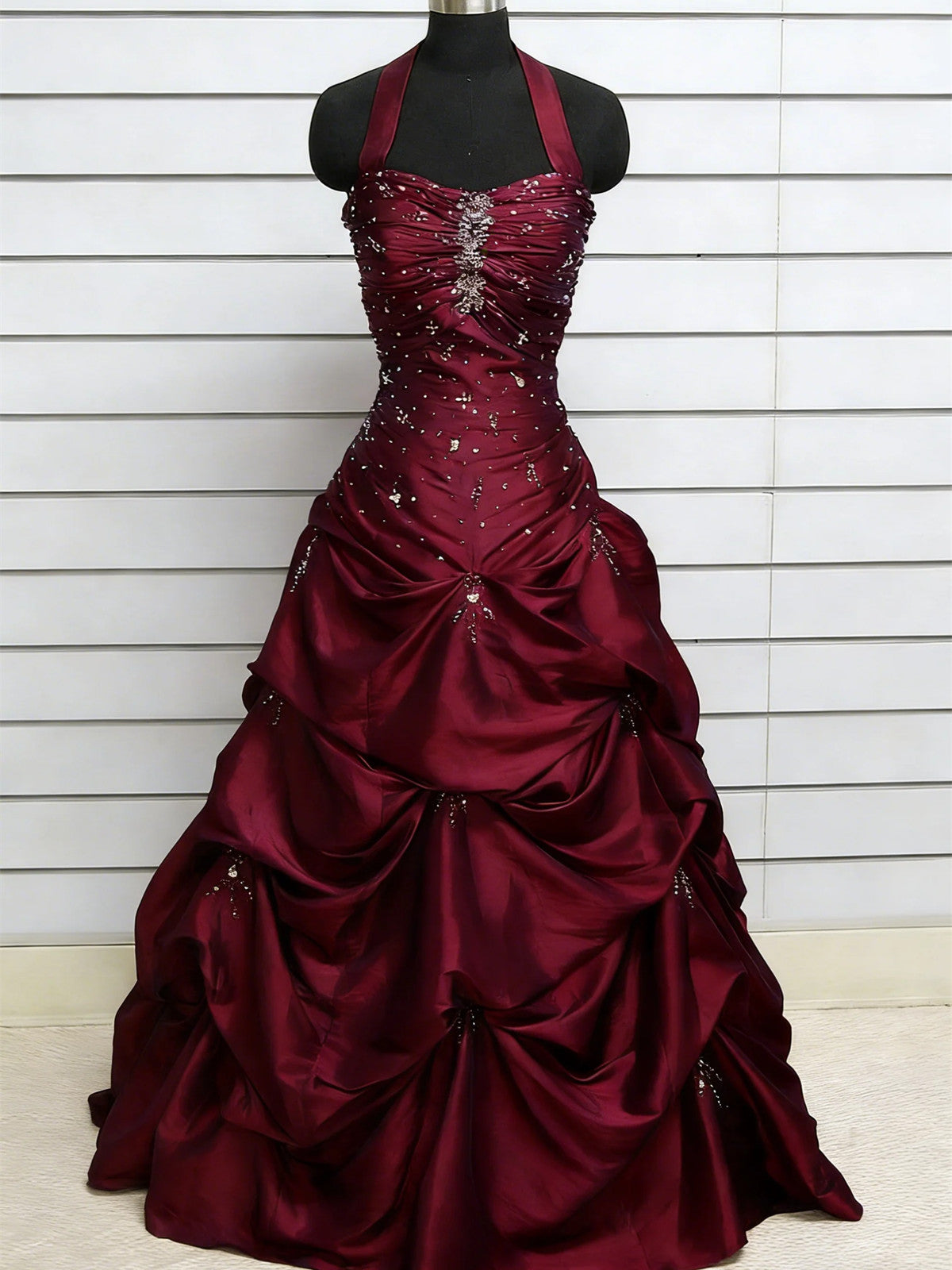 Wine Red Beaded Halter Ruched Long Prom Dress, Wine Red Sweetheart Formal Gowns