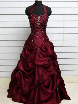 Wine Red Beaded Halter Ruched Long Prom Dress, Wine Red Sweetheart Formal Gowns