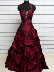 Wine Red Beaded Halter Ruched Long Prom Dress, Wine Red Sweetheart Formal Gowns