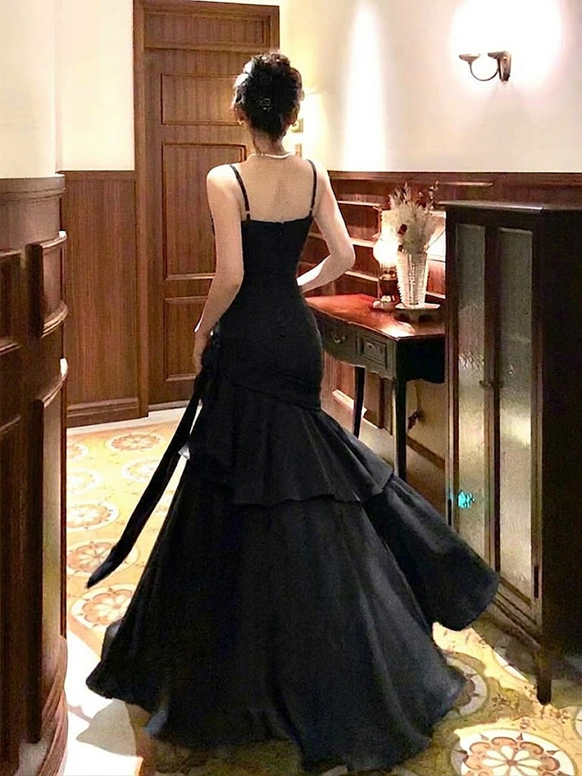 Black Sweetheart Straps Layers Long Prom Dress, Black Floor Length Evening Dress