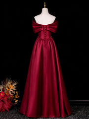 Lovely Wine Red Satin A-line Long Prom Dress with Beadings, Wine Red Off Shoulder Floor Length Party Dress