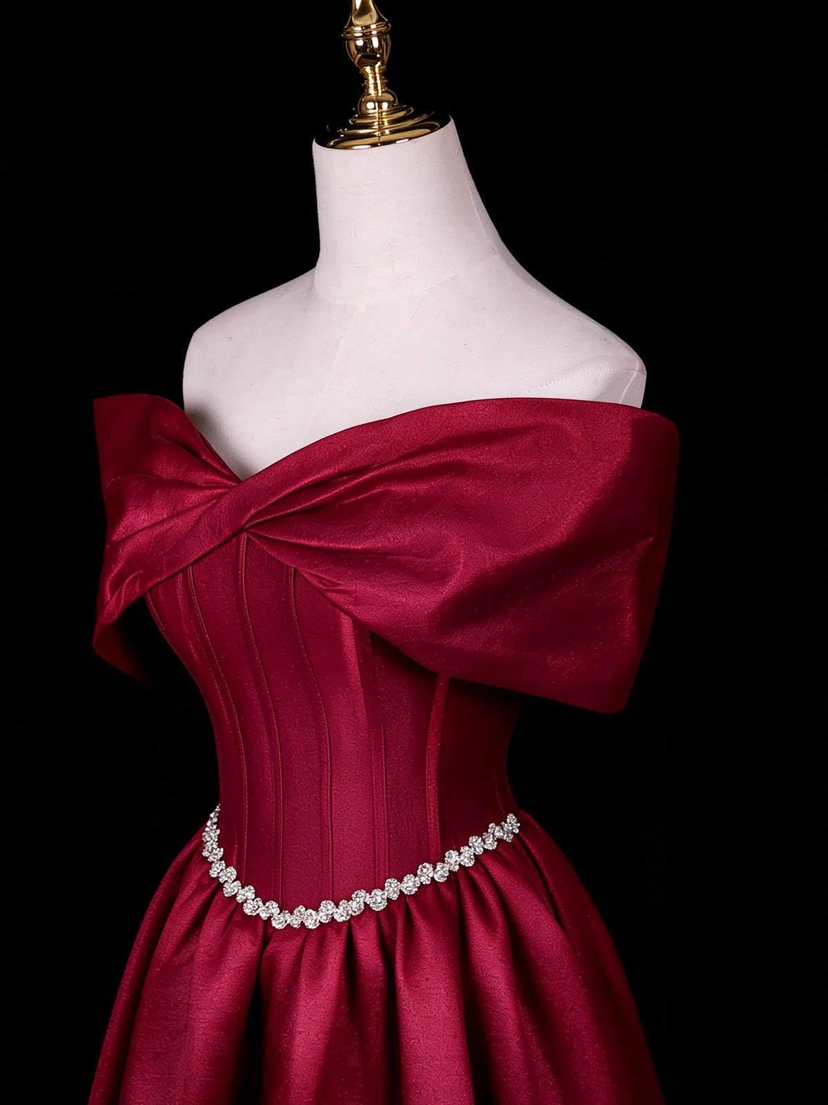 Lovely Wine Red Satin A-line Long Prom Dress with Beadings, Wine Red Off Shoulder Floor Length Party Dress