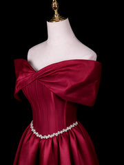 Lovely Wine Red Satin A-line Long Prom Dress with Beadings, Wine Red Off Shoulder Floor Length Party Dress