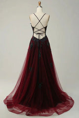 A-line Black and Red Gothic V-neckline Prom Dress, Lovely Long Straps Party Dress with Lace Applique
