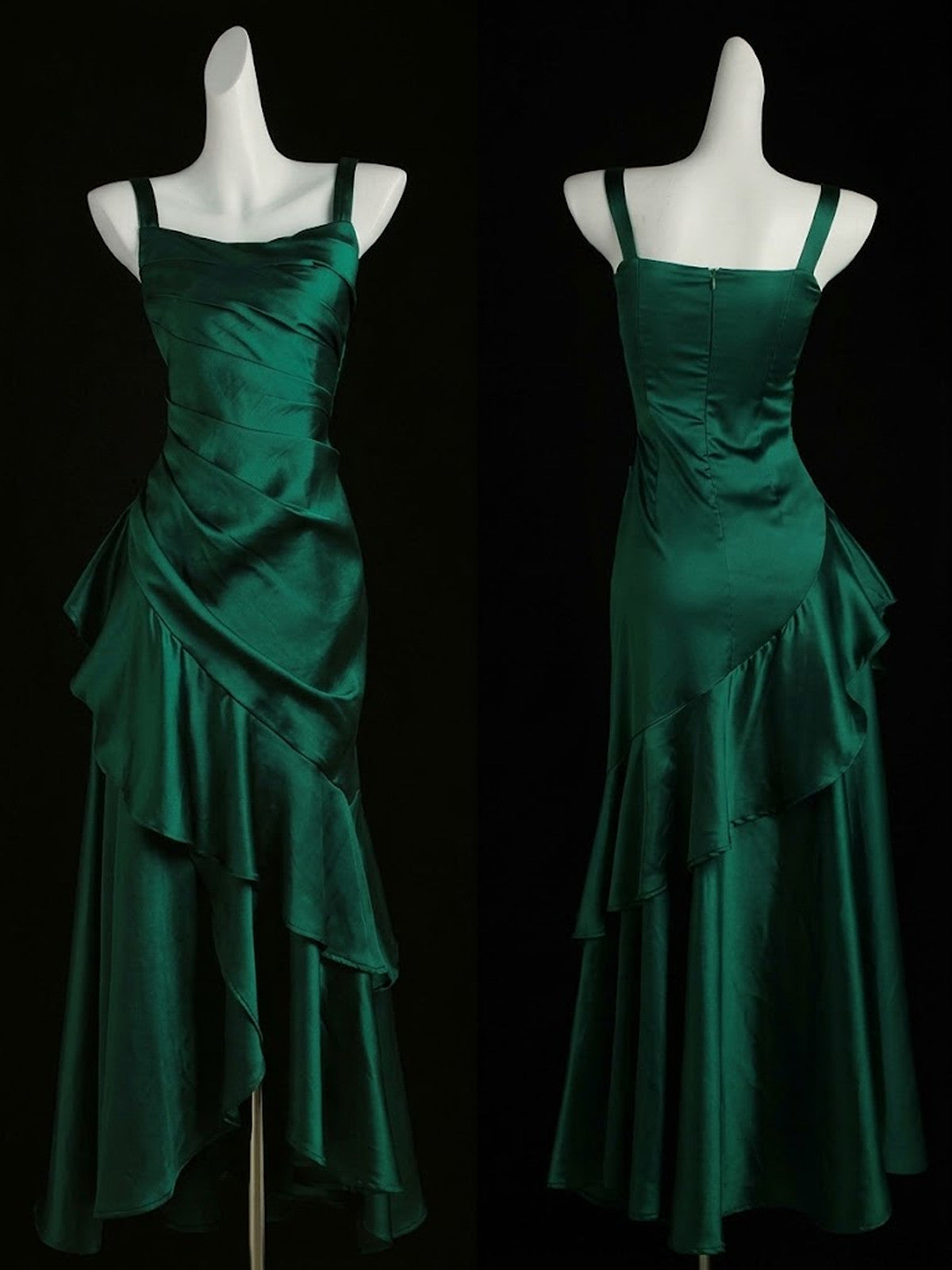 Lovely Green Satin Prom Dress Long Ruffle Evening Gown, Spaghetti Straps Formal Party Dress