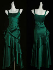 Lovely Green Satin Prom Dress Long Ruffle Evening Gown, Spaghetti Straps Formal Party Dress