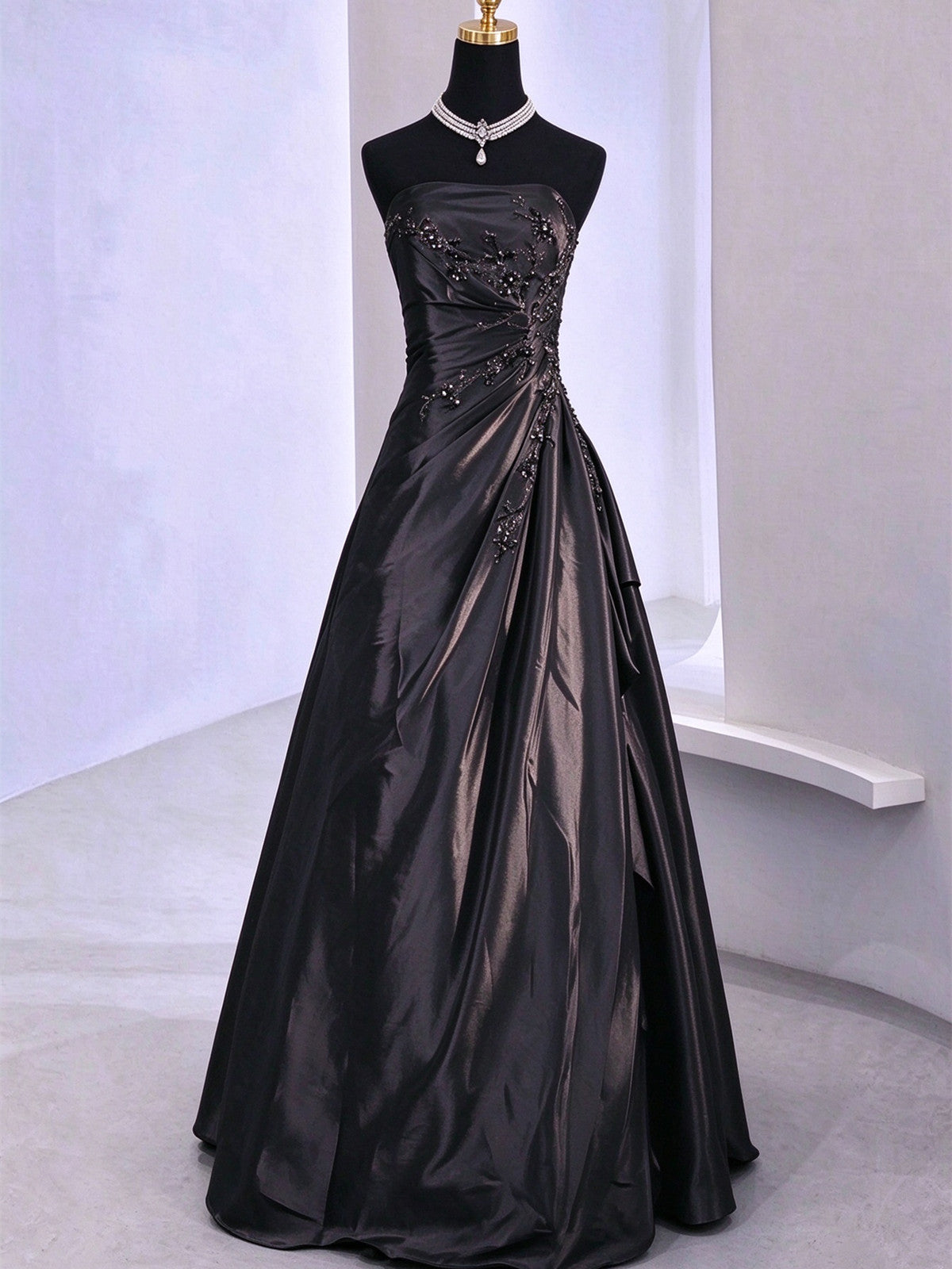 Black Strapless Beaded A-line Lace-up Long Prom Dress, Black Taffeta Evening Dress