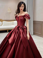 Wine Red Satin Off Shoulder Prom Dress, Wine Red Satin Floor Length Party Dress
