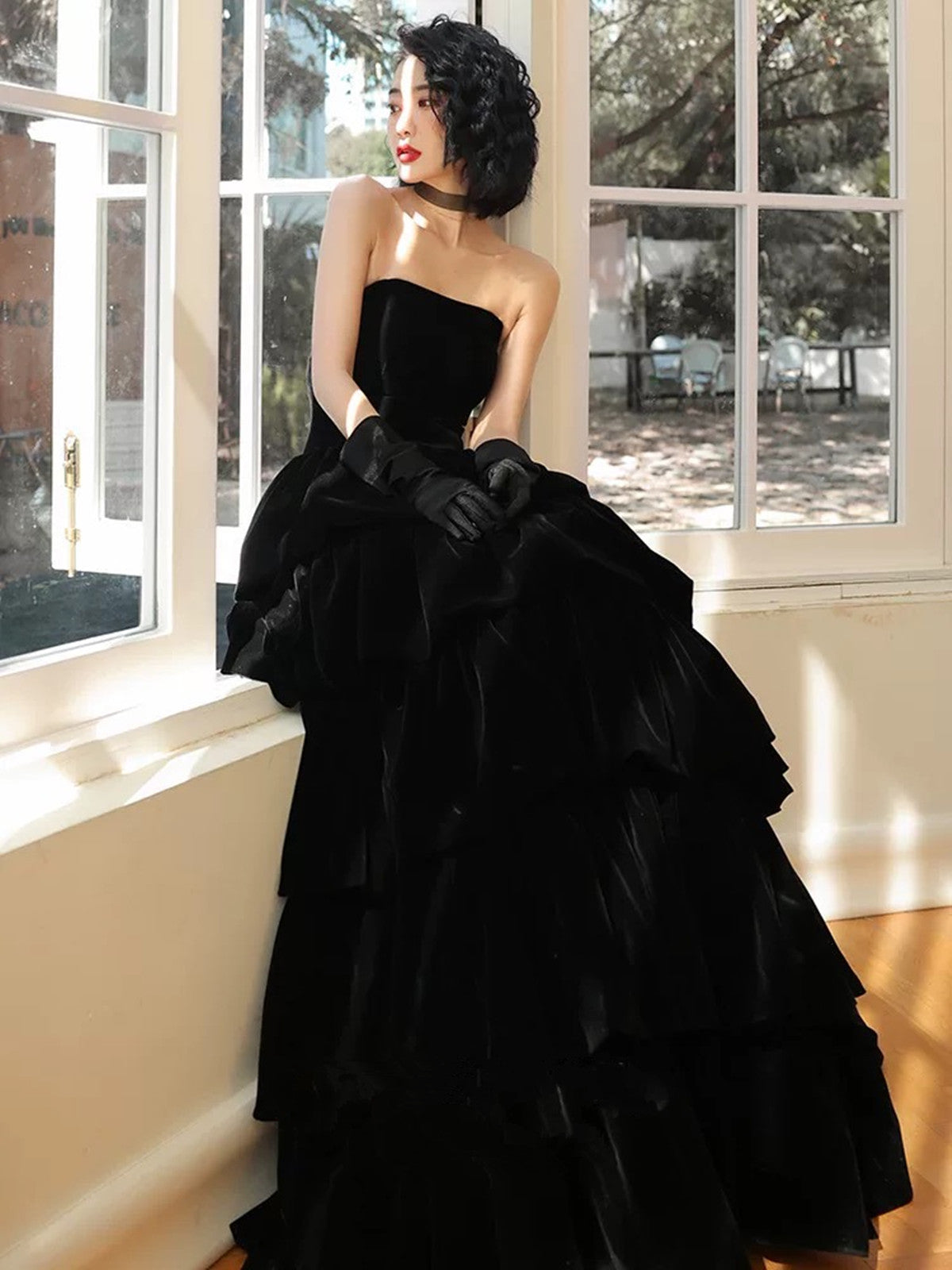 Black Velvet Layers Strapless Long A-line Prom Dress, Black Velvet For Cutedressy Black Velvet Layers Strapless Long A-line Prom Dress, Black Velvet For Cutedressy