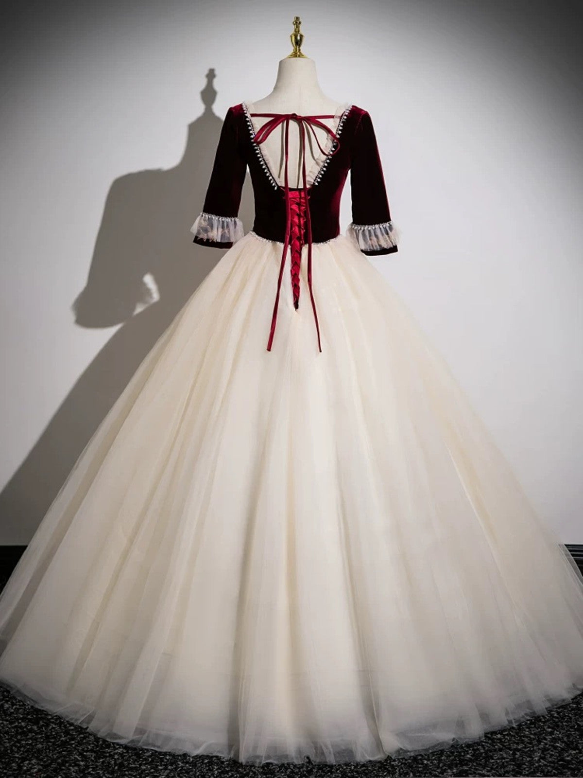 red and champagne prom dress Sexy See Through Champagne Tulle with Red Lace Applique, Lovely Formal Cutedressy