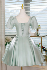 Green Satin Short Sleeves Sweetheart Homecoming Dress, Green A-line Short Prom Dress
