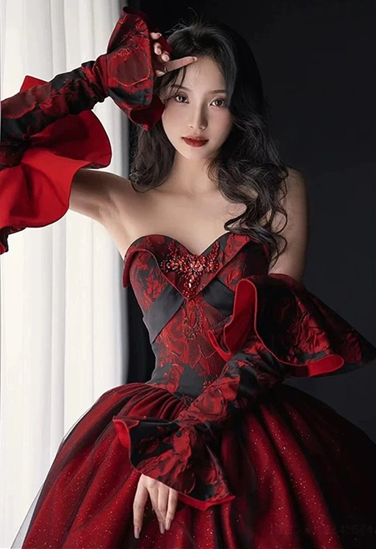 Chic Black and Red Long Sleeves Party Dress Evening Dress, Black Wedding Party Dress
