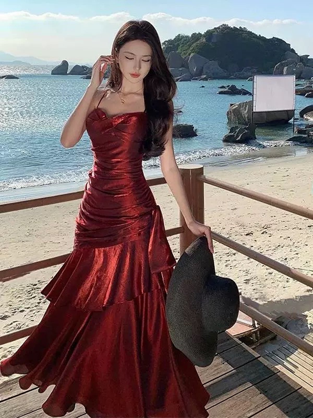 wine red prom dress Wine Red Satin Mermaid Chic Sweetheart Prom Dress, Wine Red Satin Long Eveming Dress