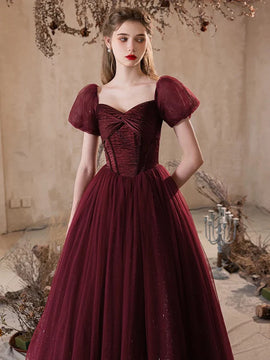 Lovely Wine Red Puffy Short Sleeves Tulle Prom Dress, Wine Red Tulle Party Dress