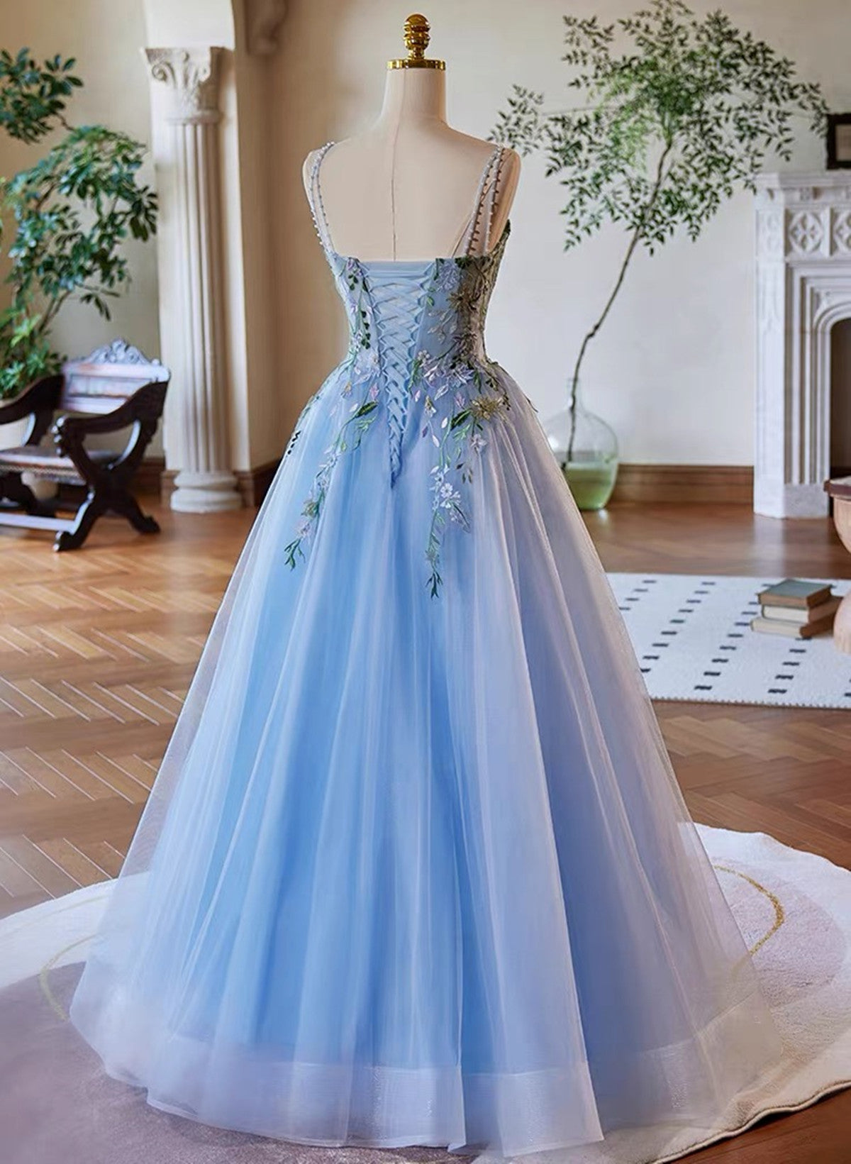 Light Blue Tulle Straps with Lace Applique Prom Dress, Light Blue Party Dress Light Blue Tulle Straps with Lace Applique Prom Dress, Light Blue Party Dress
