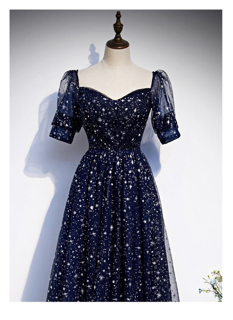 A-line Navy Blue Tulle Simple Prom Dress, Navy Blue Tulle Evening Dres