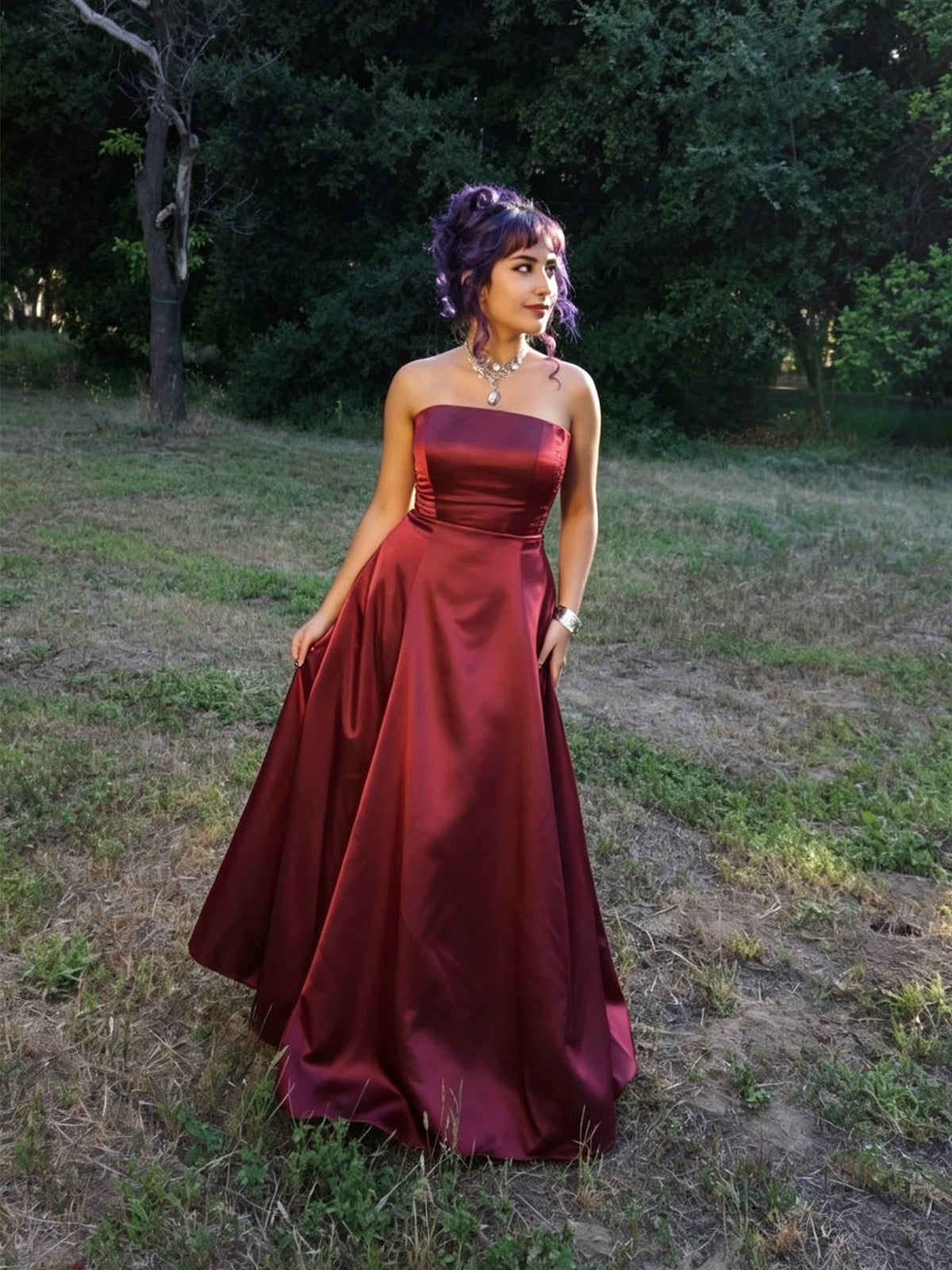 Wine Red Strapless Satin A-line Long Party Dress, Wine Red Satin Evening Dress Formal Dress
