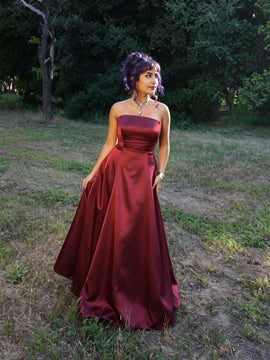 Wine Red Strapless Satin A-line Long Party Dress, Wine Red Satin Evening Dress Formal Dress