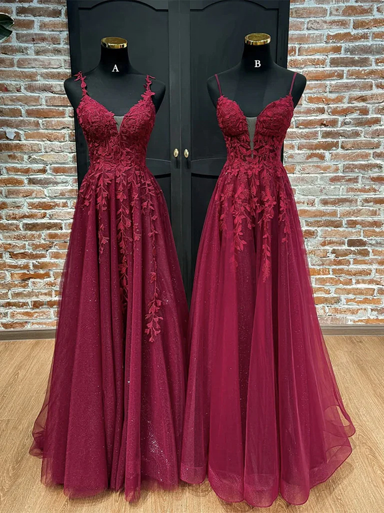 Charming Wine Red Tulle V-neckline with Lace Applique Formal Dress, Wine Red Tulle Evening Dress