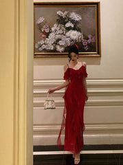 long red chiffon prom dress V-neck Long Sleeves Deep Red Chiffon High Slit Prom Dresses,CP0004