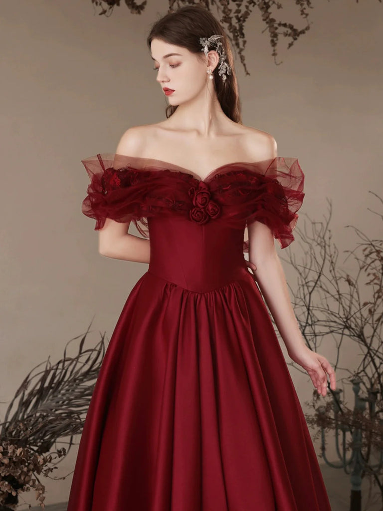 Charming Wine Red Off Shoulder Tulle Beaded Party Dress, Wine Red Prom Dress main image 0