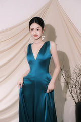 Cute V-neck Satin Long Prom Dress, Blue A-Line Low Back Evening Party Dress