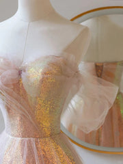 A-line Sequins and Tulle Off Shoulder Sweetheart Prom Dress, Long Sequins Evening Dress