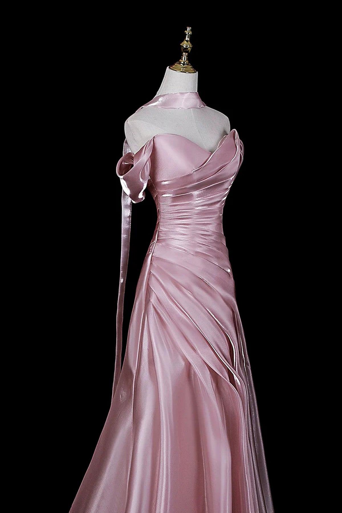 Pink Satin Off Shoulder Mermaid Prom Dress, Pink Long Formal Dress Wedding Party Dress