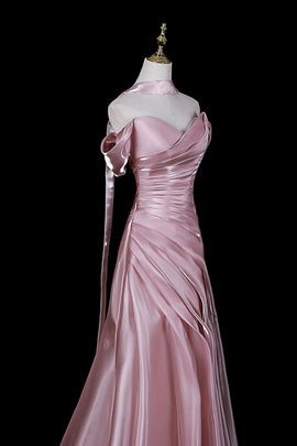 Pink Satin Off Shoulder Mermaid Prom Dress, Pink Long Formal Dress Wedding Party Dress