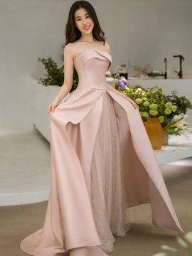 Pink Tulle and Satin A-line Prom Dress Party Dress, Pink Strapless Floor Length Formal Dress