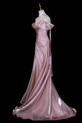 Pink Satin Off Shoulder Mermaid Prom Dress, Pink Long Formal Dress Wedding Party Dress
