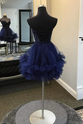 Navy Blue Tulle with Lace Applique Beaded Homecoming Dress, Navy Blue Short Party Dress