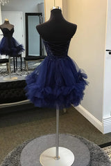 Navy Blue Tulle with Lace Applique Beaded Homecoming Dress, Navy Blue Short Party Dress