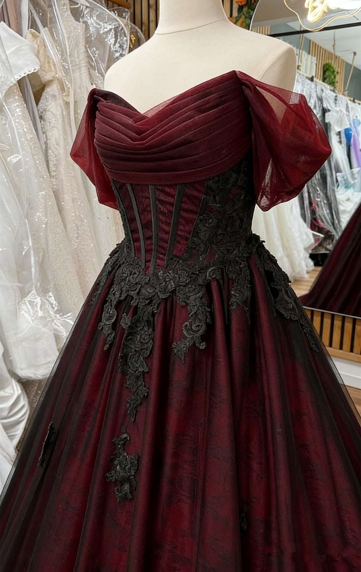 A-line Off Shoulder Black and Red Formal Dress with Lace, Elegant Long Prom Dress